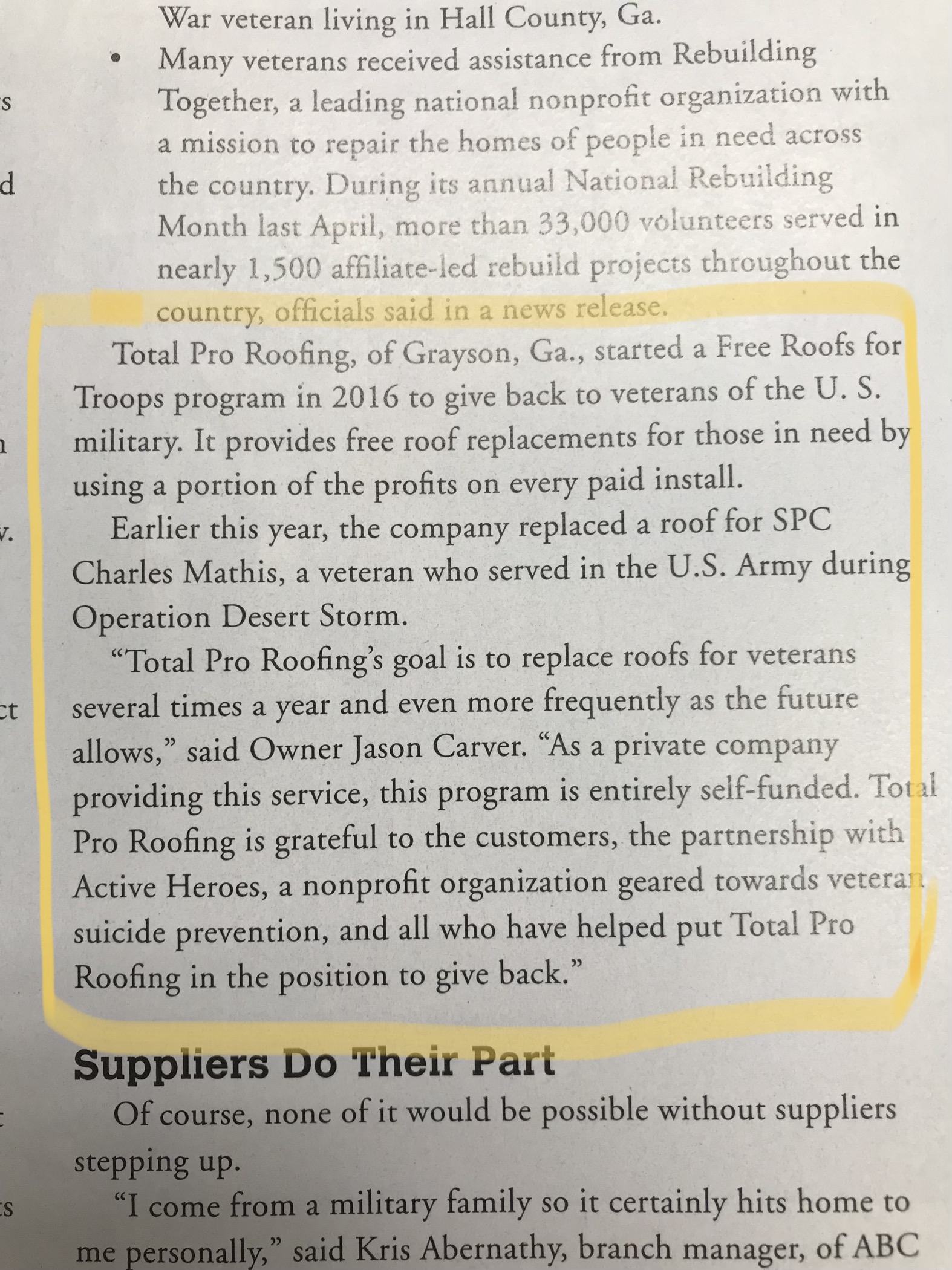 Total Pro Roofing - exerpt roofing contractor magazine november 2018